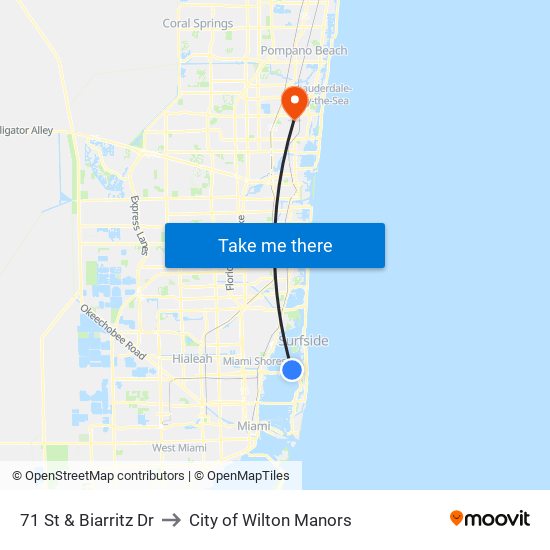 71 St & Biarritz Dr to City of Wilton Manors map