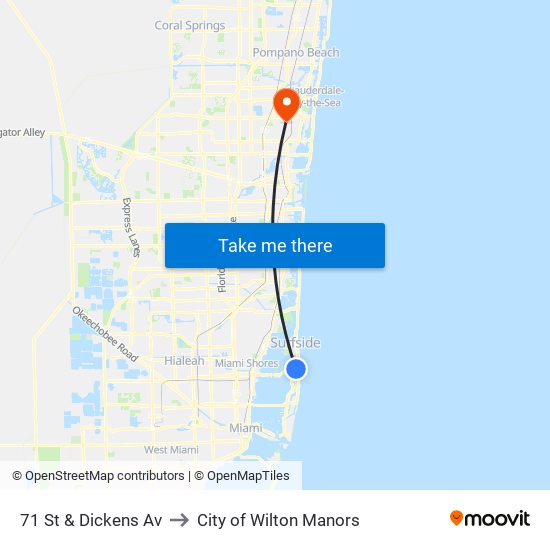 71 St & Dickens Av to City of Wilton Manors map