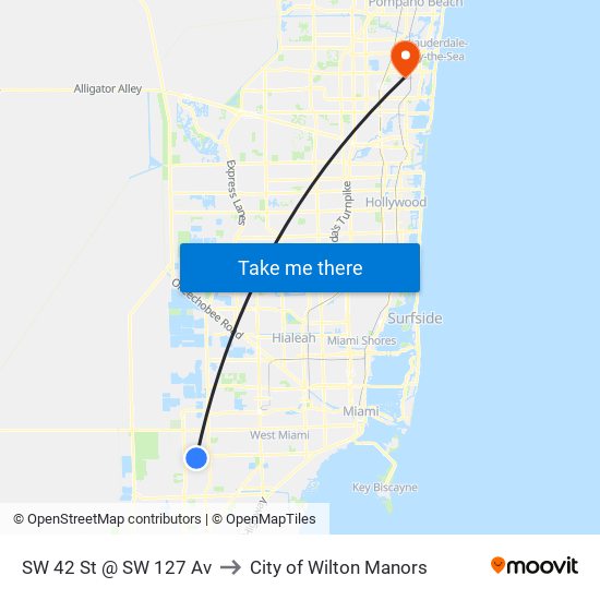 SW 42 St @ SW 127 Av to City of Wilton Manors map