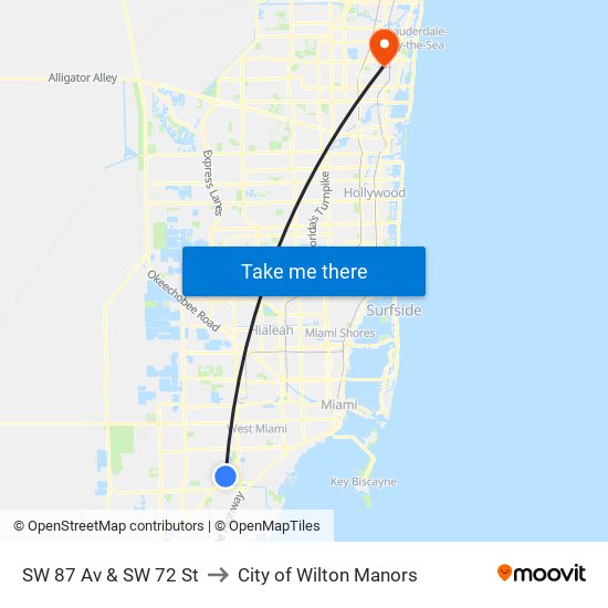 SW 87 Av & SW 72 St to City of Wilton Manors map