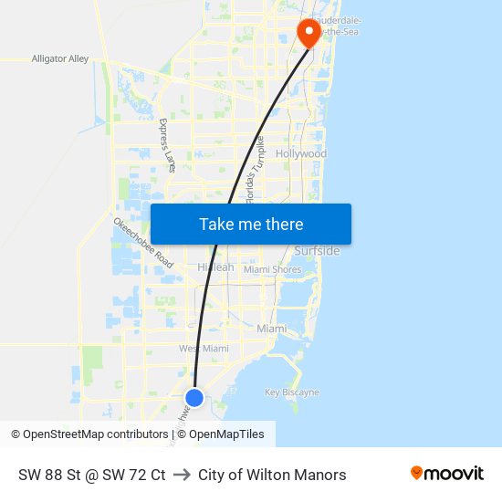 SW 88 St @ SW 72 Ct to City of Wilton Manors map