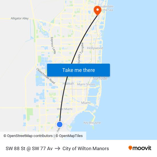 SW 88 St @ SW 77 Av to City of Wilton Manors map