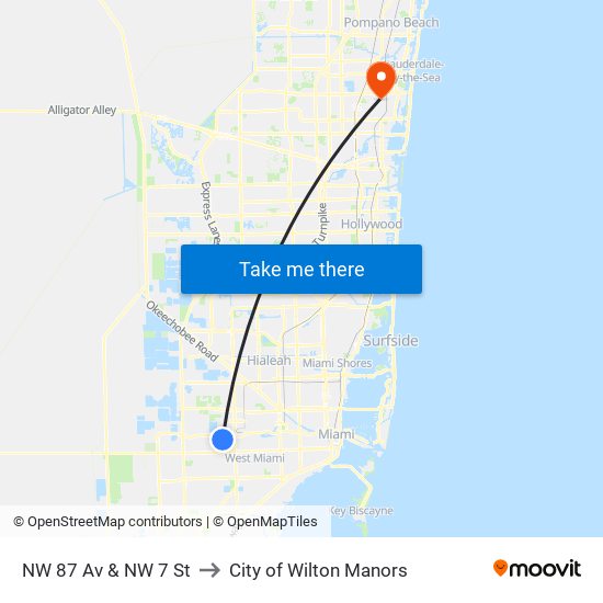 NW 87 Av & NW 7 St to City of Wilton Manors map