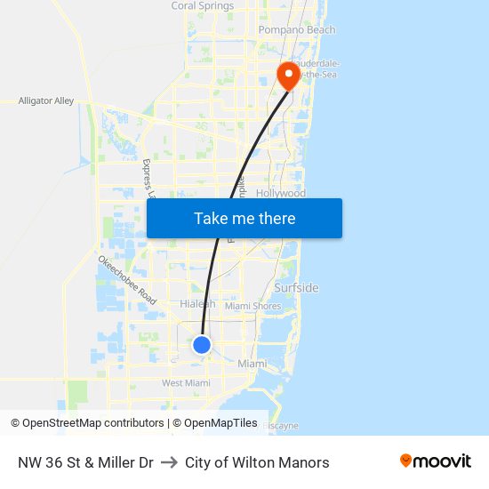 NW 36 St & Miller Dr to City of Wilton Manors map