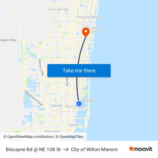 Biscayne Bd @ NE 108 St to City of Wilton Manors map