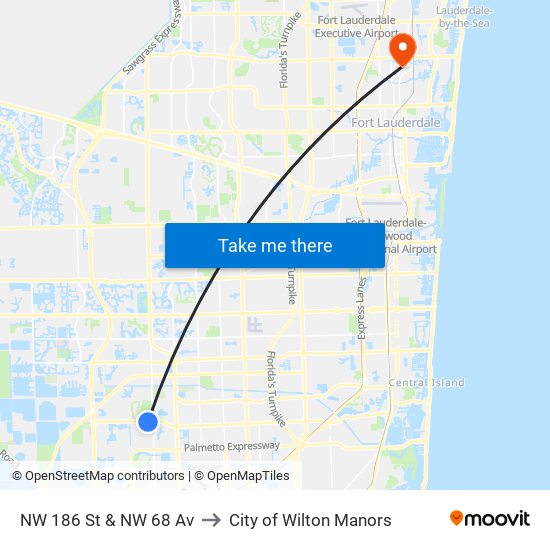 NW 186 St & NW 68 Av to City of Wilton Manors map