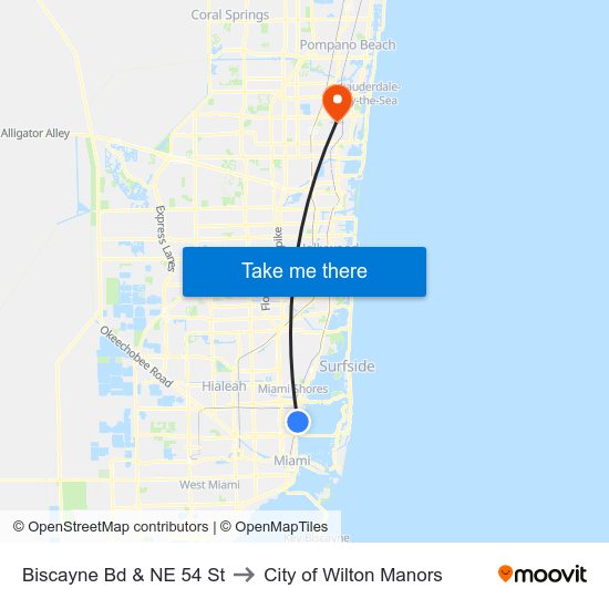 Biscayne Bd & NE 54 St to City of Wilton Manors map