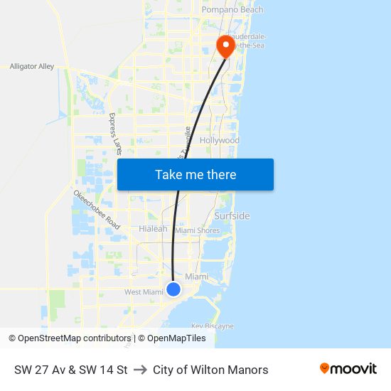 SW 27 Av & SW 14 St to City of Wilton Manors map