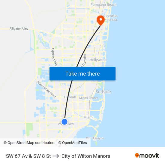 SW 67 Av & SW 8 St to City of Wilton Manors map