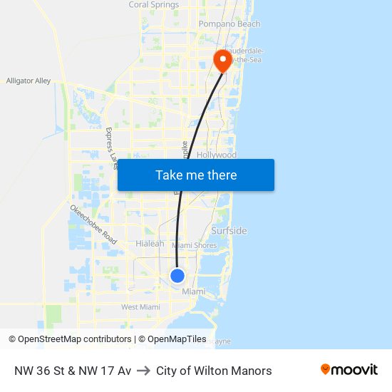 NW 36 St & NW 17 Av to City of Wilton Manors map