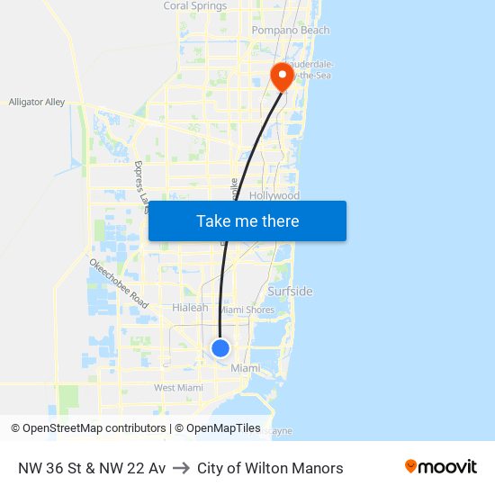 NW 36 St & NW 22 Av to City of Wilton Manors map