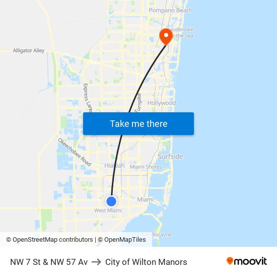 NW 7 St & NW 57 Av to City of Wilton Manors map