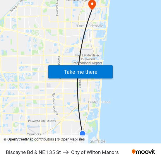 Biscayne Bd & NE 135 St to City of Wilton Manors map