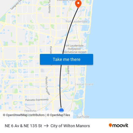 NE 6 Av & NE 135 St to City of Wilton Manors map