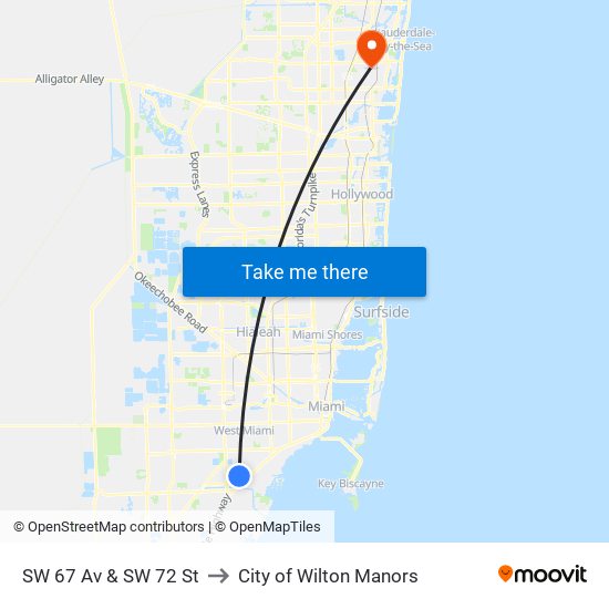 SW 67 Av & SW 72 St to City of Wilton Manors map