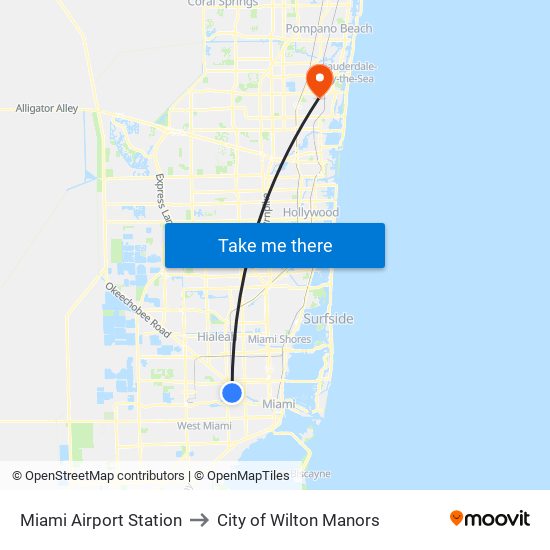Miami Airport Station to City of Wilton Manors map