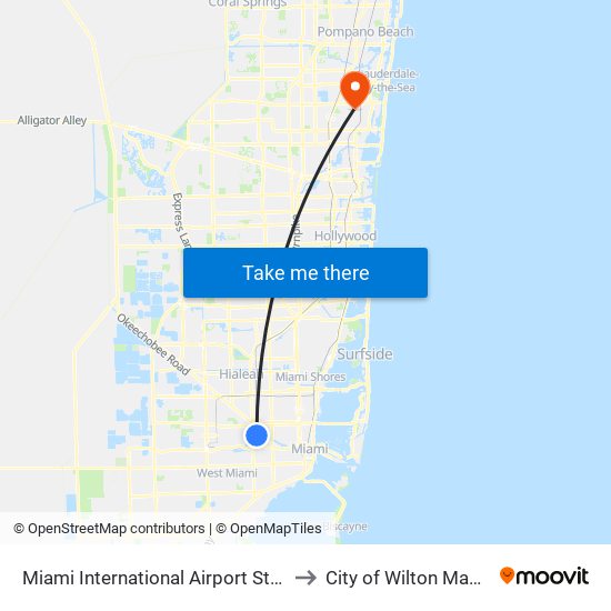 Miami International Airport Station to City of Wilton Manors map