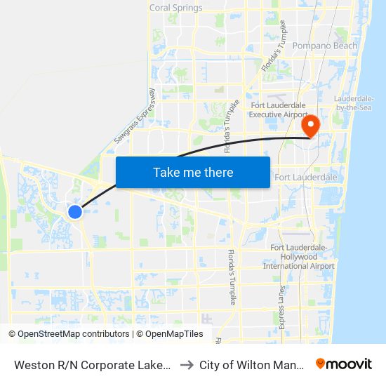 Weston R/N Corporate Lakes B to City of Wilton Manors map