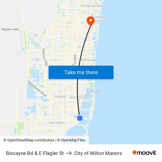 Biscayne Bd & E Flagler St to City of Wilton Manors map