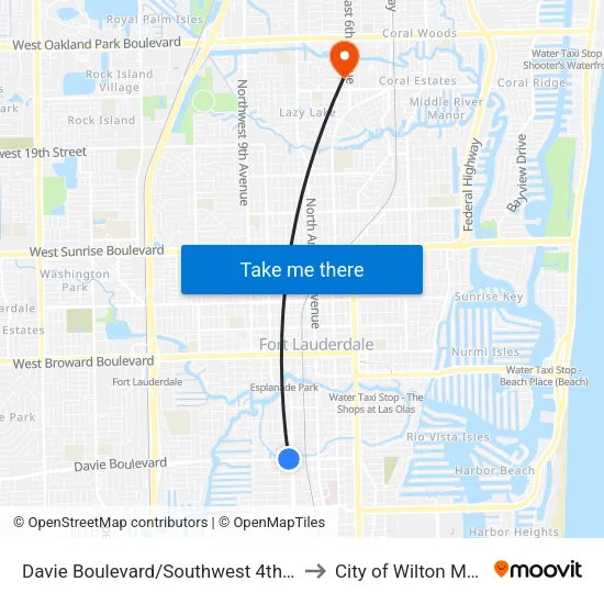 Davie Boulevard/Southwest 4th Avenue to City of Wilton Manors map