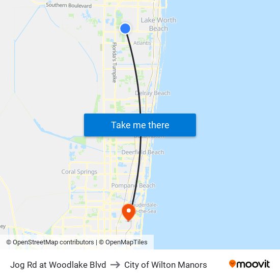 Jog Rd at Woodlake Blvd to City of Wilton Manors map