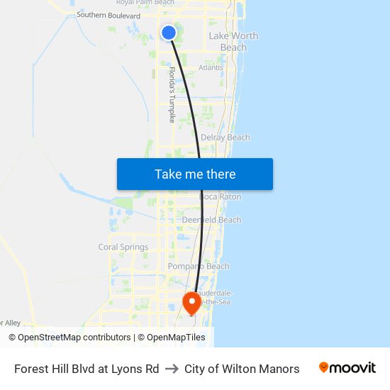 Forest Hill Blvd at Lyons Rd to City of Wilton Manors map