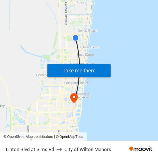 Linton Blvd at Sims Rd to City of Wilton Manors map