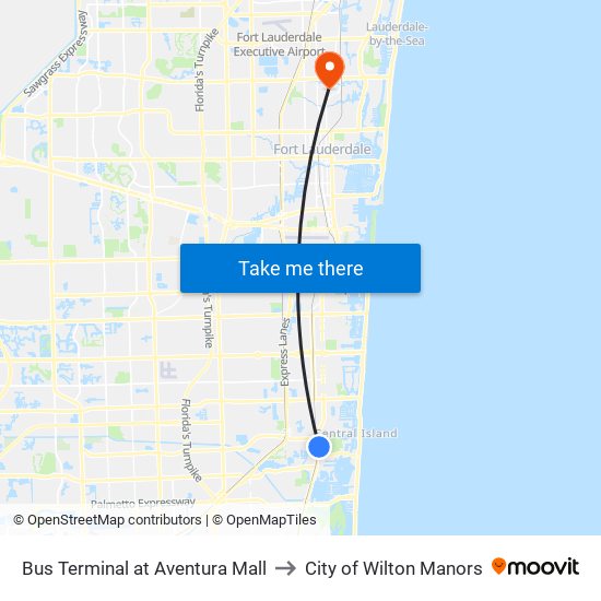 Bus Terminal at Aventura Mall to City of Wilton Manors map