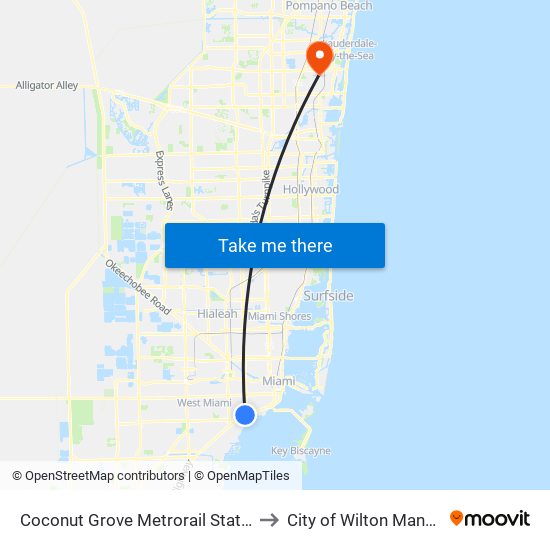 Coconut Grove Metrorail Station to City of Wilton Manors map