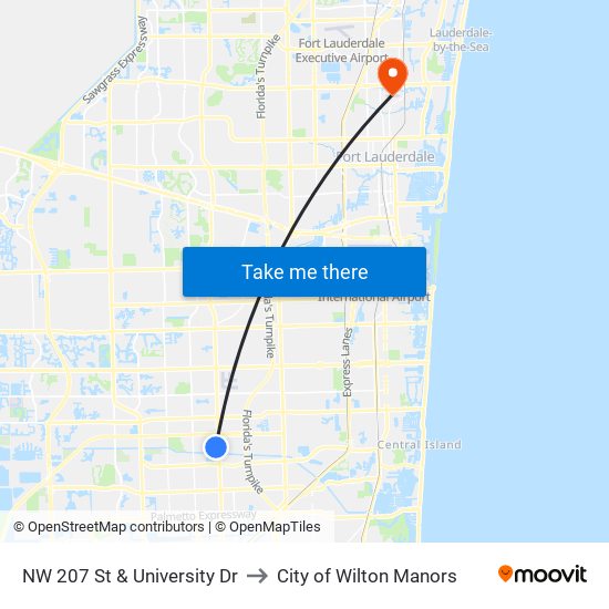 NW 207 St & University Dr to City of Wilton Manors map