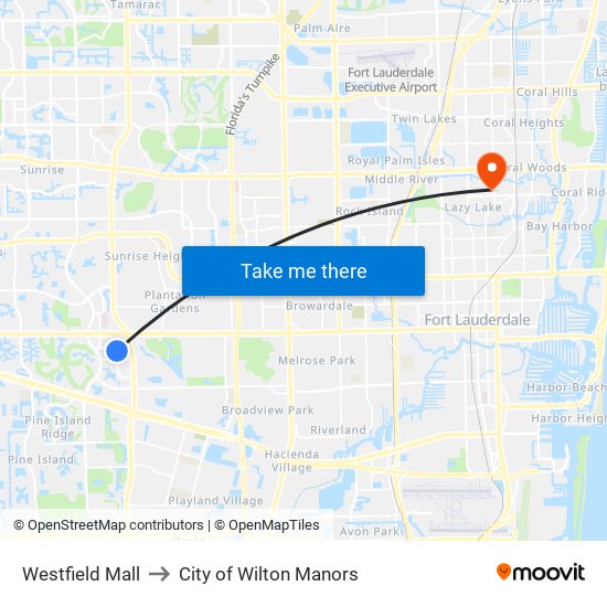 Westfield Mall to City of Wilton Manors map
