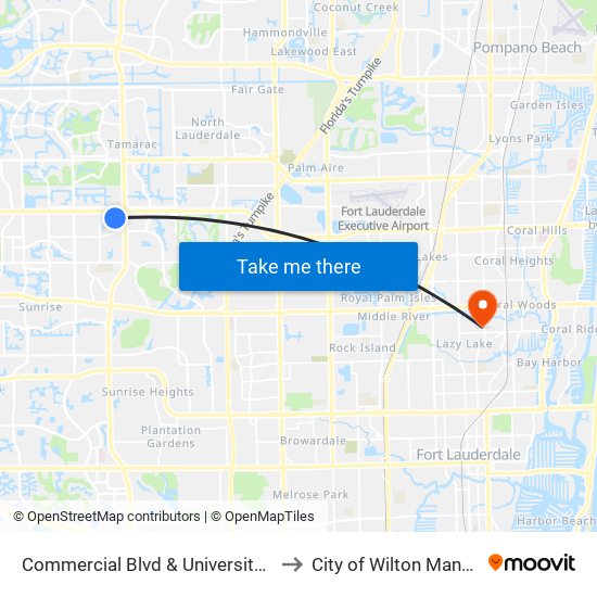 Commercial Blvd & University Dr to City of Wilton Manors map