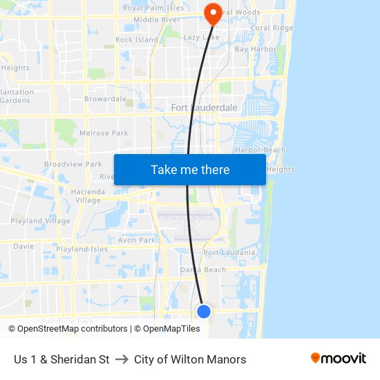 Us 1 & Sheridan St to City of Wilton Manors map