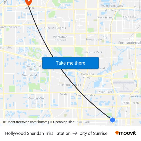 Hollywood Sheridan Trirail Station to City of Sunrise map