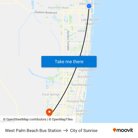 West Palm Beach Bus Station to City of Sunrise map