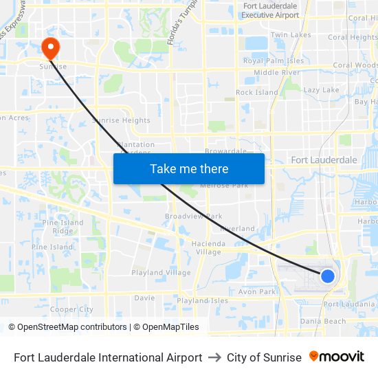 Fort Lauderdale International Airport to City of Sunrise map