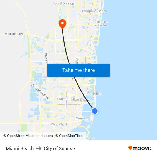 Miami Beach to City of Sunrise map