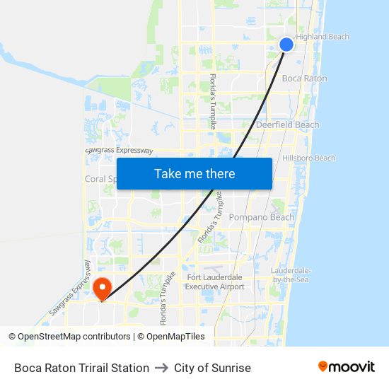 Boca Raton Trirail Station to City of Sunrise map