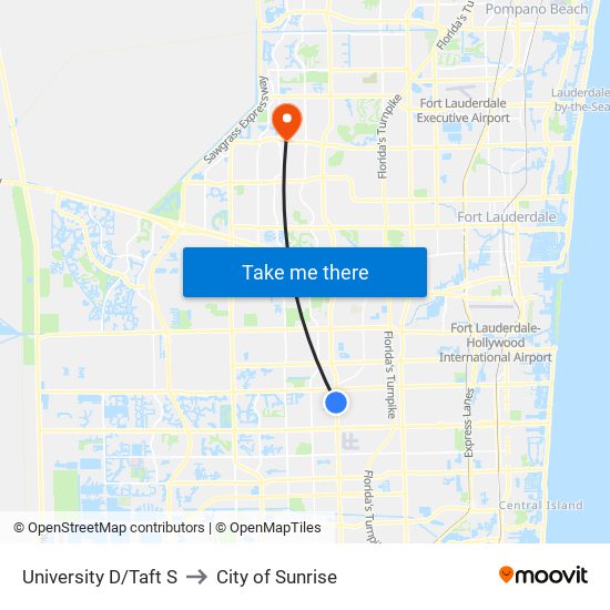 University D/Taft S to City of Sunrise map
