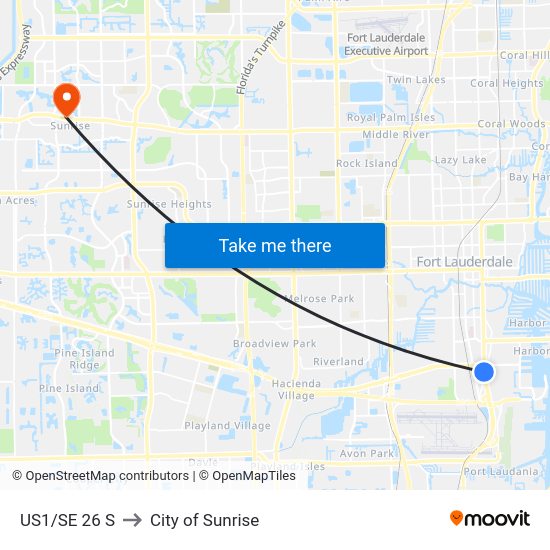 Us1/Se 26 S to City of Sunrise map