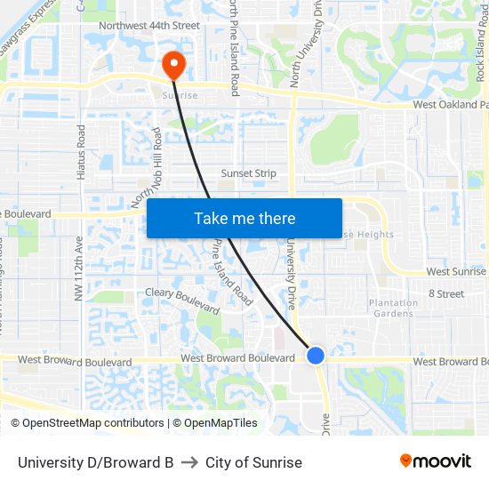 University D/Broward B to City of Sunrise map