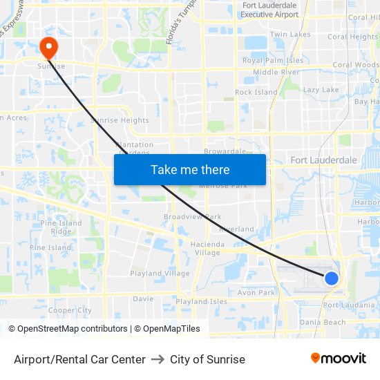 Airport/Rental Car Center to City of Sunrise map