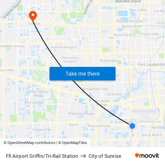 FLL Airport Griffin/Tri-Rail Station to City of Sunrise map