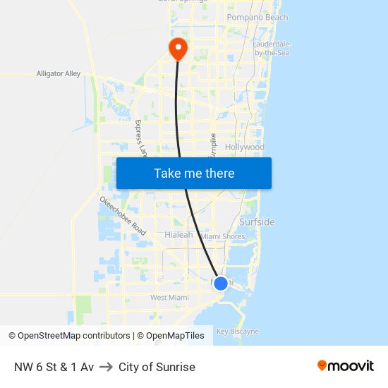 NW 6 St & 1 Av to City of Sunrise map