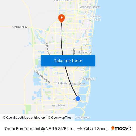 Omni Bus Terminal @ NE 15 St/Biscayne to City of Sunrise map