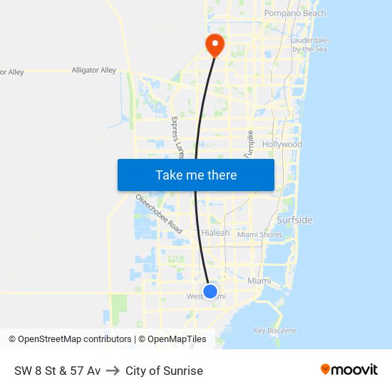 SW 8 St & 57 Av to City of Sunrise map