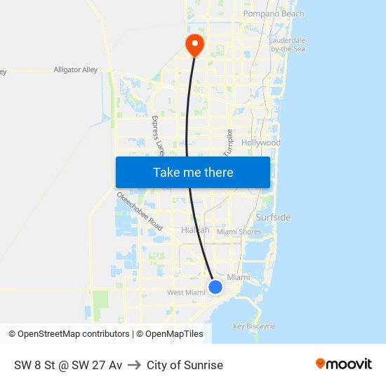 SW 8 St @ SW 27 Av to City of Sunrise map