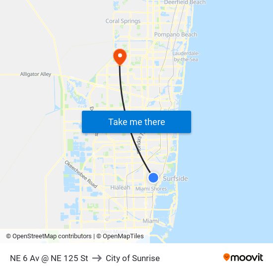 NE 6 Av @ NE 125 St to City of Sunrise map