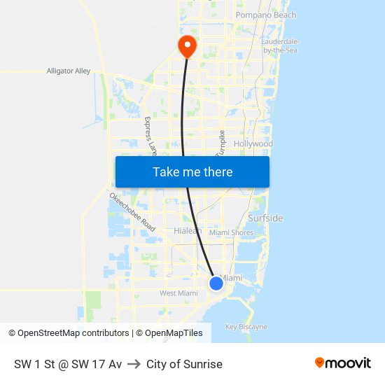 SW 1 St @ SW 17 Av to City of Sunrise map