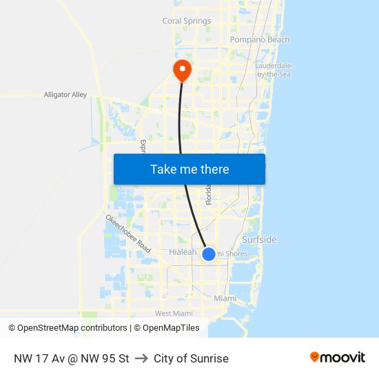 NW 17 Av @ NW 95 St to City of Sunrise map